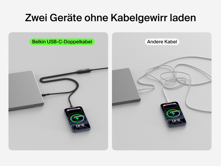Das geflochtene Belkin BoostCharge Pro USB-C-Doppelkabel, das sich zum Laden von zwei Ger&auml;ten &uuml;ber ein Kabel eignet, wodurch Kabelgewirr vermieden wird, wird neben herk&ouml;mmlichen Ladem&ouml;glichkeiten gezeigt.
